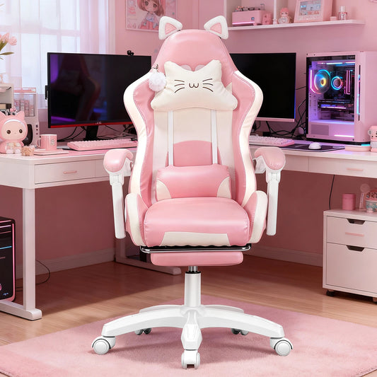 Gaming Chair with Cat Ears, Computer Armchair with Footrest and Lumbar Support, Height Adjustable Game Chair, 360° Swivel Seat