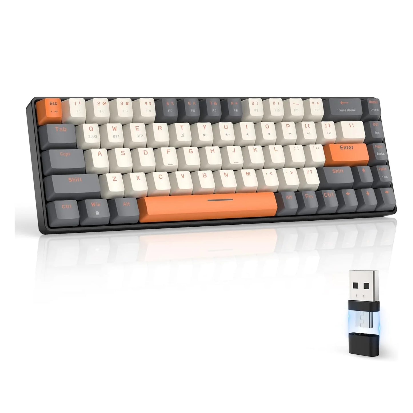 Teclado Mecânico Sem Fios RK68 60%, Bluetooth 5.0/2.4GHz com Recetor 2 em 1 de Modo Duplo, Teclado Gaming Hot-Swappable de 68 Teclas