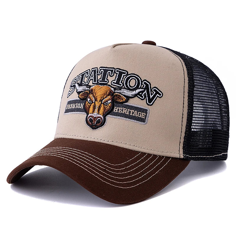 Unisex Summer Breathable Mesh Trucker Hat Bulls Head Pattern Baseball Cap Adjustable Snapback Hats For Men And Women