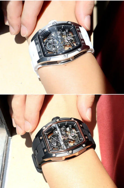 Relógio de pulso automático MEGIR para homem, com bracelete em silicone preto, impermeável, luminoso, desportivo e mecânico, com mostrador tonneau 2242
