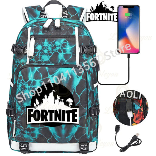 Ultima Knight F-Fortnite Battle Royale Backpack with USB Charging Anime Figures Study Stationery Compartment for Students