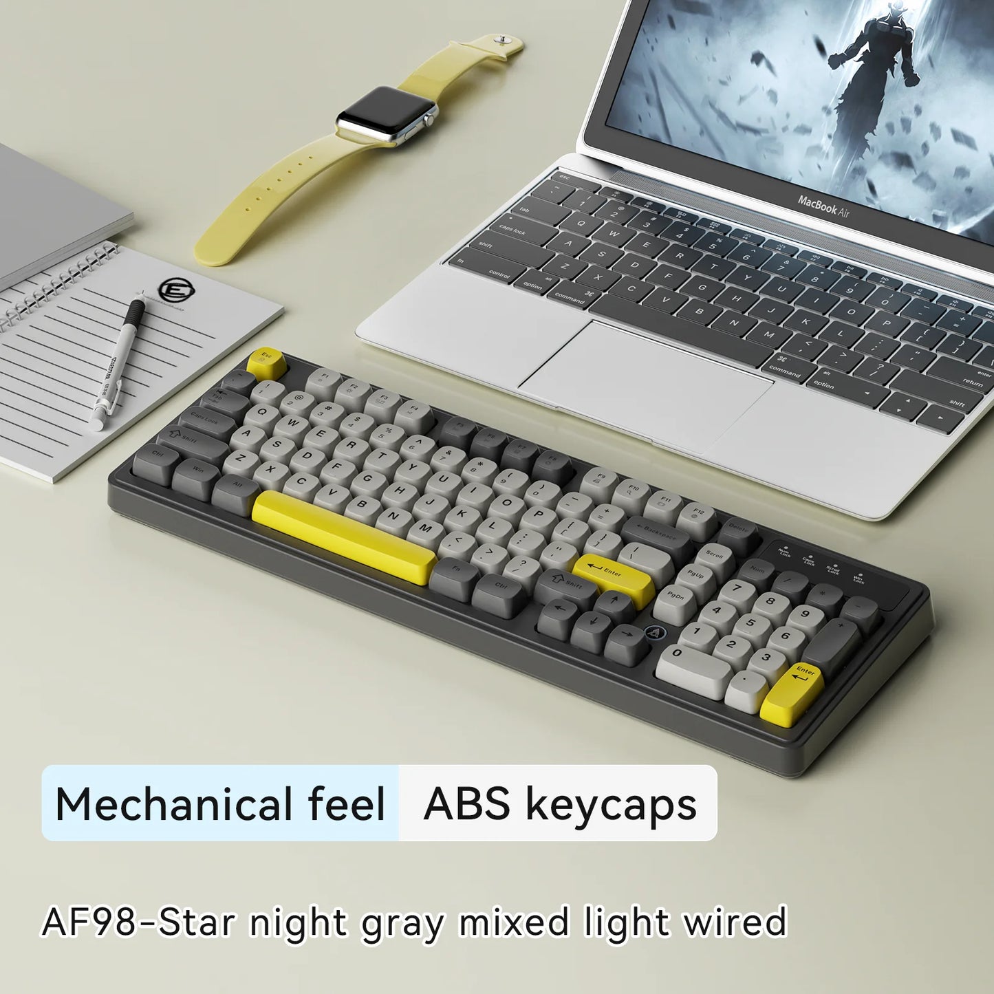 AJAZZ AF98 kabelgebundene/kabellose Tastatur mit mechanischem Tippgefühl, für das Büro, lange Akkulaufzeit, drei Modi, RGB-Mischbeleuchtung, ABS-Tastenkappen, ergonomisch