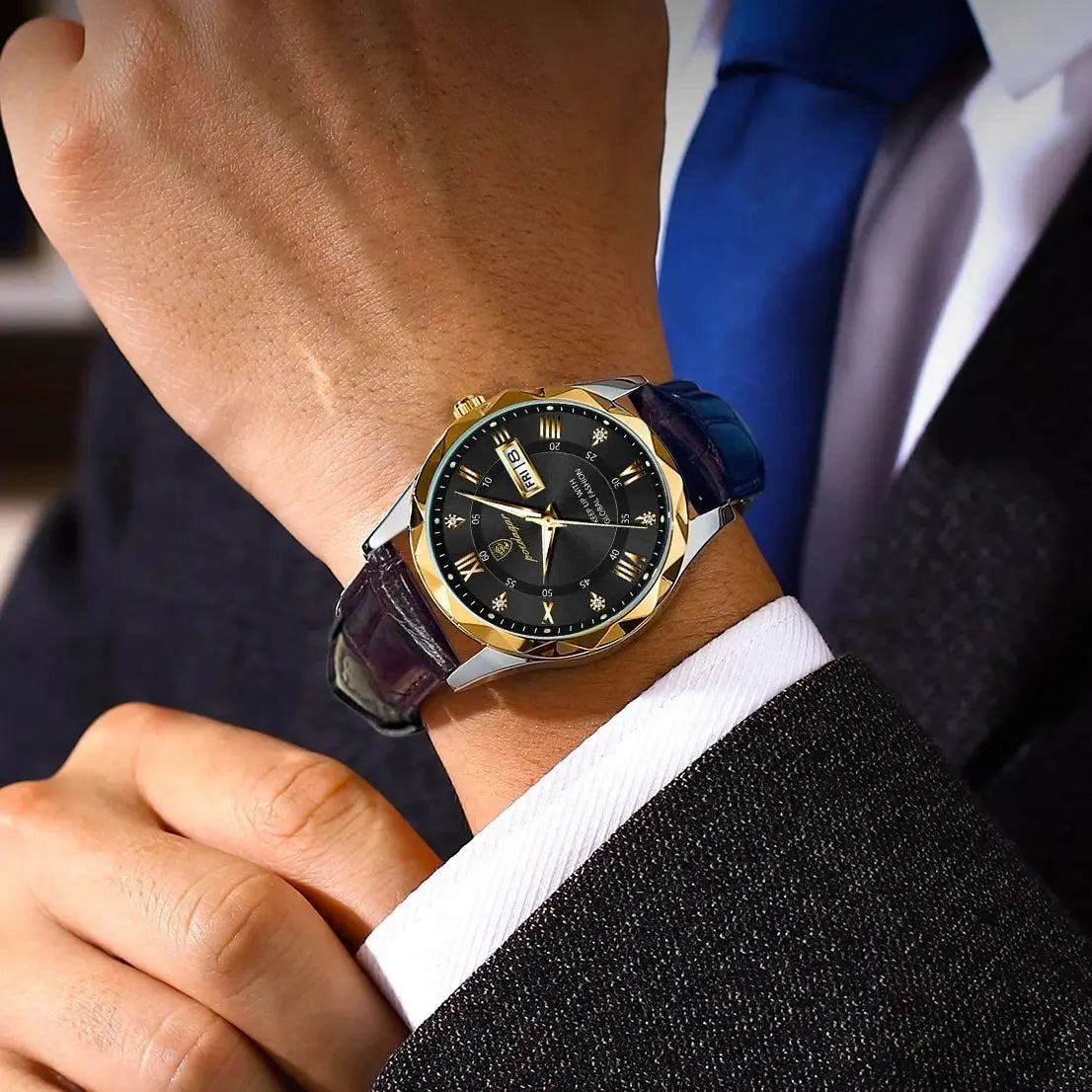 POEDAGAR herreur, originalt luksusmodel: vandtæt, selvlysende, med dato- og ugedagsvisning. Kvartsur i klassisk og professionel stil, udstyret med et læderarmbånd.