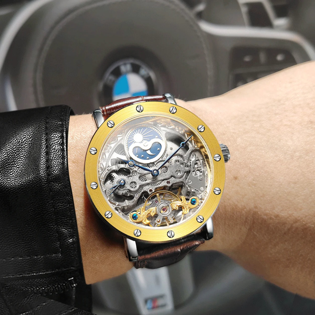 SKROX automatisch mechanisch polshorloge voor heren, skeletmodel met GMT-functie, maanfase en tourbillon – Elegant en origineel luxe horloge uit het topsegment.