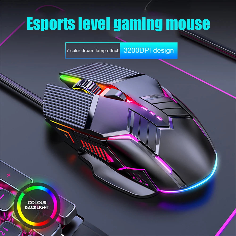 3200DPI ergonomikus vezetékes gamer egér, USB számítógépes gamer egér RGB háttérvilágítással, 6 gombos LED-es csendes egér PC-hez és laptophoz