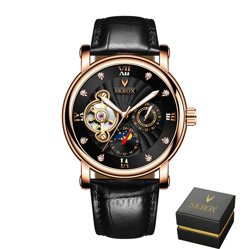 A luxury automatic mechanical watch for men, from a leading brand, featuring a tourbillon, a moon phase display and diamonds – an elegant wristwatch.