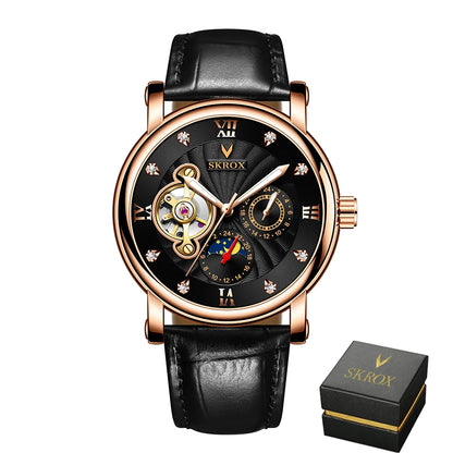 A luxury automatic mechanical watch for men, from a leading brand, featuring a tourbillon, a moon phase display and diamonds – an elegant wristwatch.
