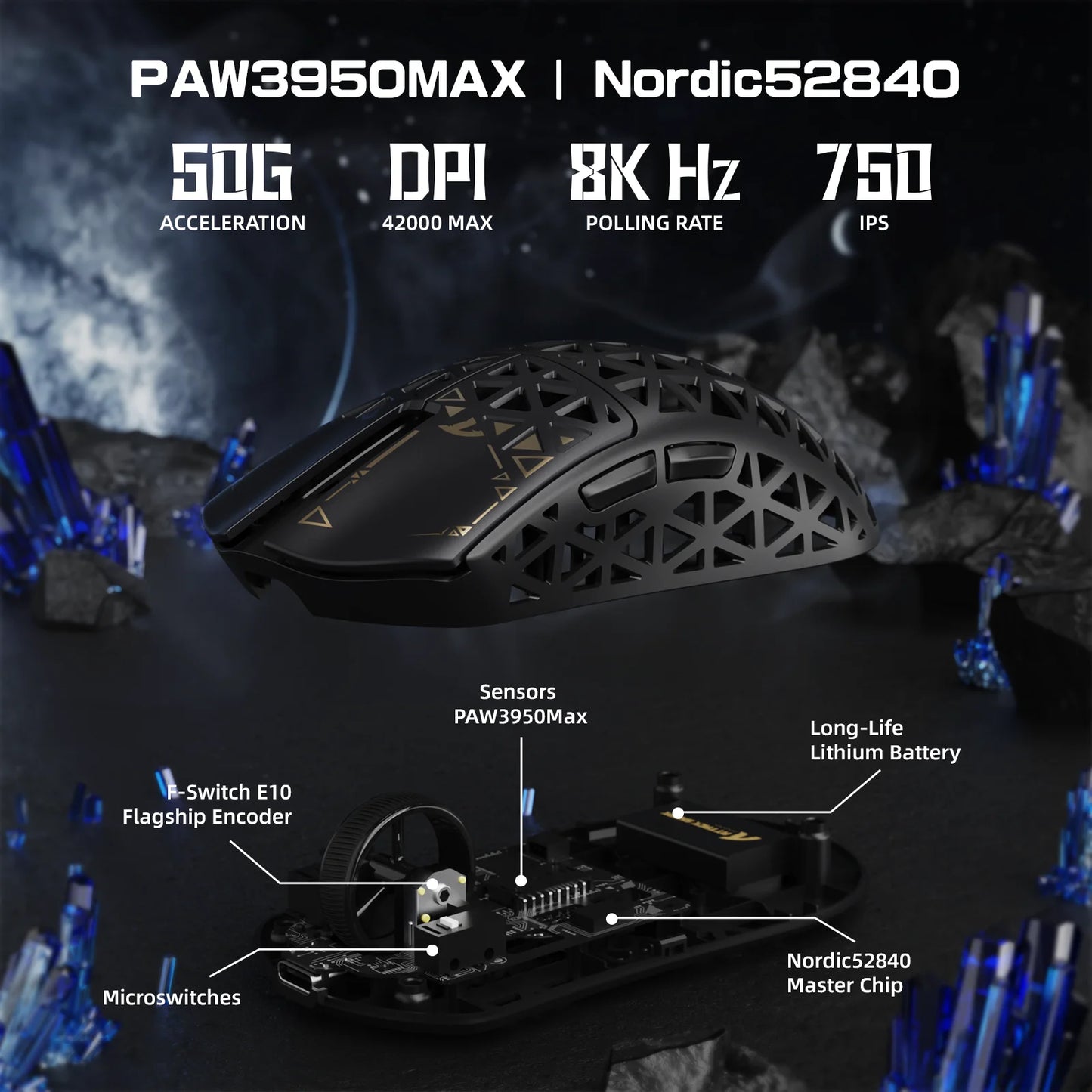 Ratón gaming inalámbrico ATTACK SHARK R5Ultra de fibra de carbono 8K PAW3950MAX con cable enrollado 8K