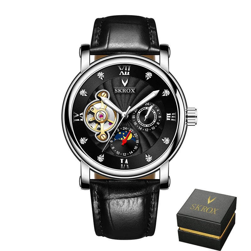 A luxury automatic mechanical watch for men, from a leading brand, featuring a tourbillon, a moon phase display and diamonds – an elegant wristwatch.