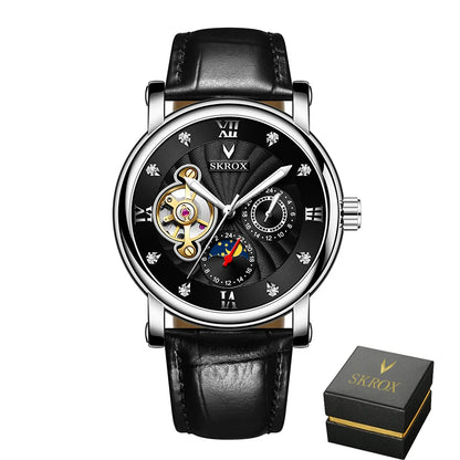 A luxury automatic mechanical watch for men, from a leading brand, featuring a tourbillon, a moon phase display and diamonds – an elegant wristwatch.