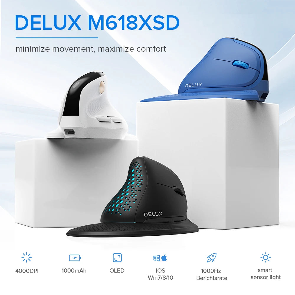 Rato Vertical Ergonómico Delux M618XSD Seeker com Ecrã OLED 4000DPI, Recarregável, 1000mA e Tampa Traseira Amovível para Computador