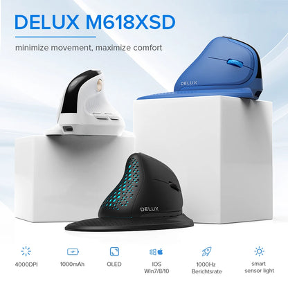 Rato Vertical Ergonómico Delux M618XSD Seeker com Ecrã OLED 4000DPI, Recarregável, 1000mA e Tampa Traseira Amovível para Computador