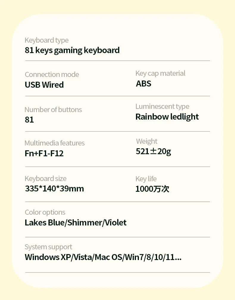 Teclado Gaming K81 com 81 Teclas, Layout 80%, Espanhol, Russo, Coreano e Árabe, USB com Fio, Luz RGB, Botão de Volume, Ergonómico