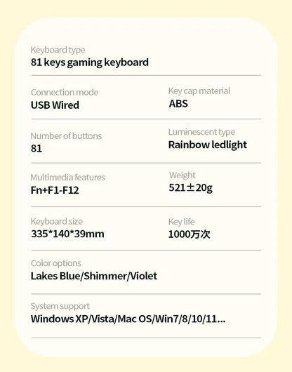 Teclado Gaming K81 com 81 Teclas, Layout 80%, Espanhol, Russo, Coreano e Árabe, USB com Fio, Luz RGB, Botão de Volume, Ergonómico