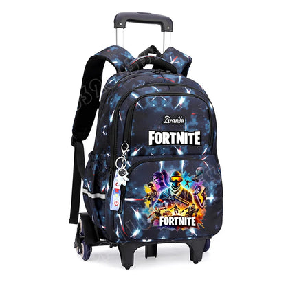 Mochila com Rodas Fortnite Anime, Impermeável, de Grande Capacidade, para Estudante — Saco Escolar Casual de Viagem com Carrinho e Subida Fácil de Escadas