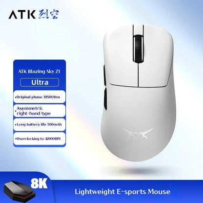 Rato Gaming Sem Fios ATK Z1 Pro Max Ultra com Pé Personalizado, PAW3950 Ultra Smart Speed Wireless, Taxa de Polling 8k e Baixa Latência de 0.39ms
