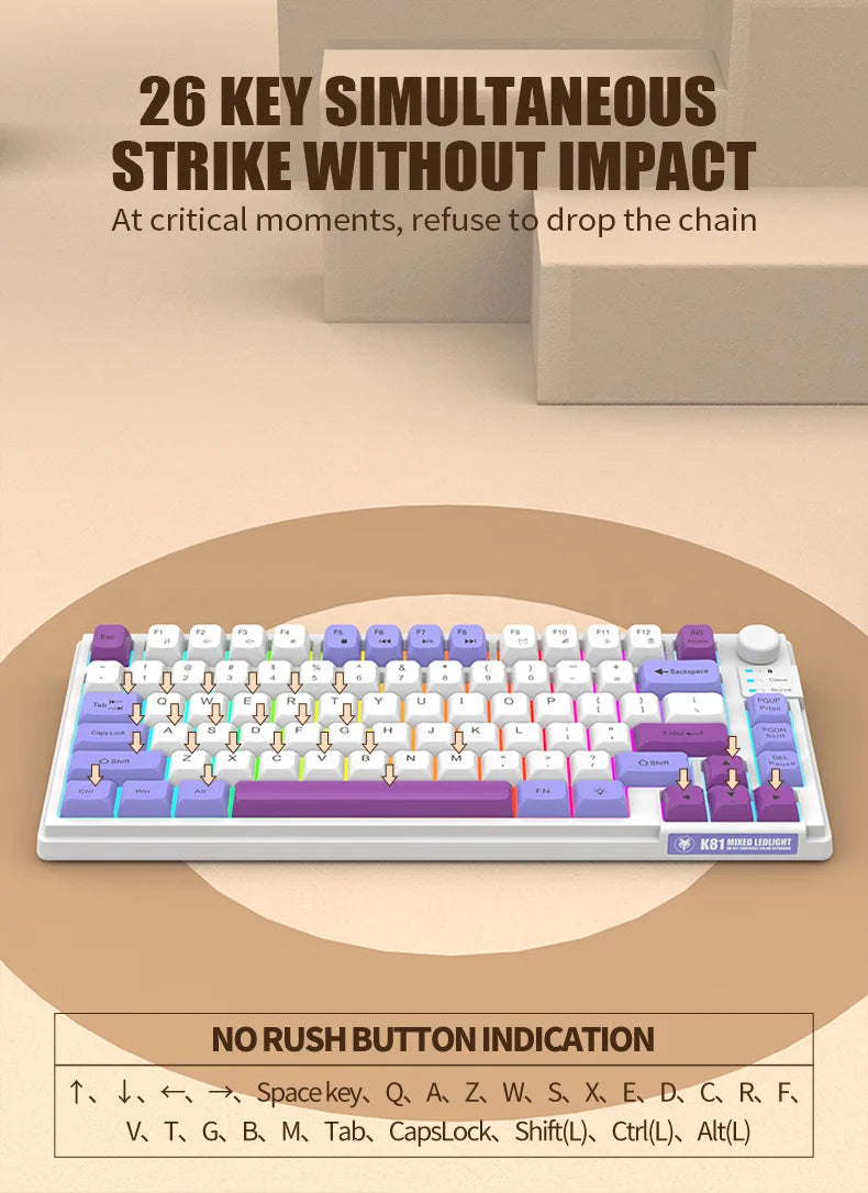 Teclado Gaming K81 com 81 Teclas, Layout 80%, Espanhol, Russo, Coreano e Árabe, USB com Fio, Luz RGB, Botão de Volume, Ergonómico