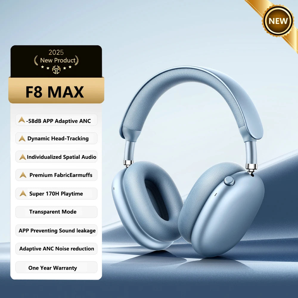 Auscultadores Sem Fios Picun F8MAX ANC com Cancelamento Ativo de Ruído Híbrido de 59dB, Áudio Espacial, Bluetooth 6.0, Over Ear, 180H