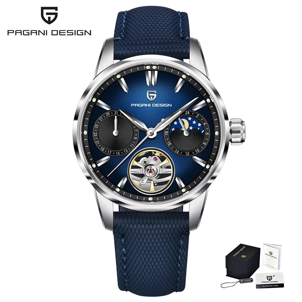 PAGANI DESIGN – Luxusné mechanické pánske hodinky, 41 mm, zafírové sklo, kožený remienok, vodotesné, v štýle pilotných hodín, s tourbillonom a fázou mesiaca