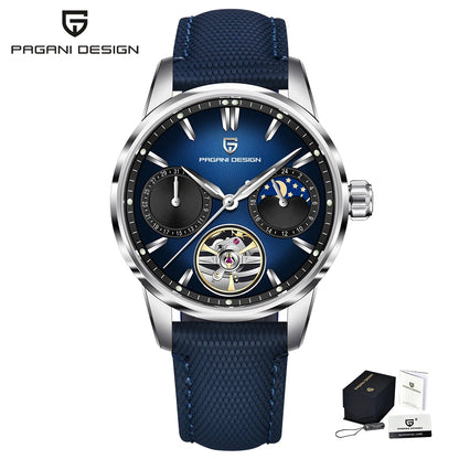 PAGANI DESIGN – Luxusné mechanické pánske hodinky, 41 mm, zafírové sklo, kožený remienok, vodotesné, v štýle pilotných hodín, s tourbillonom a fázou mesiaca