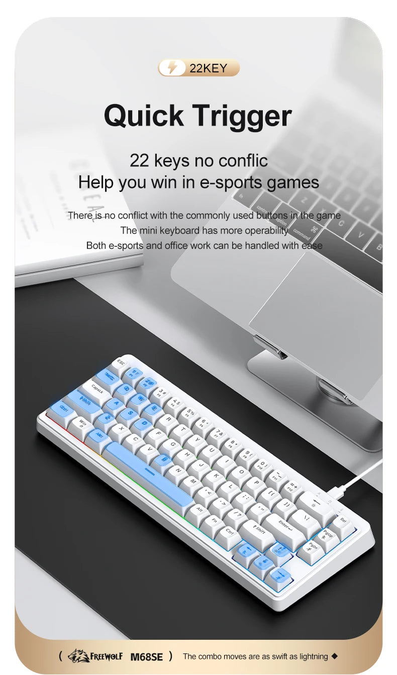 FREEWOLF M68SE Teclado Mini com Fio de 68 Teclas, Retroiluminação RGB, Type-C, Layout 68%, Compacto para Gaming, Escritório, PC e Portátil