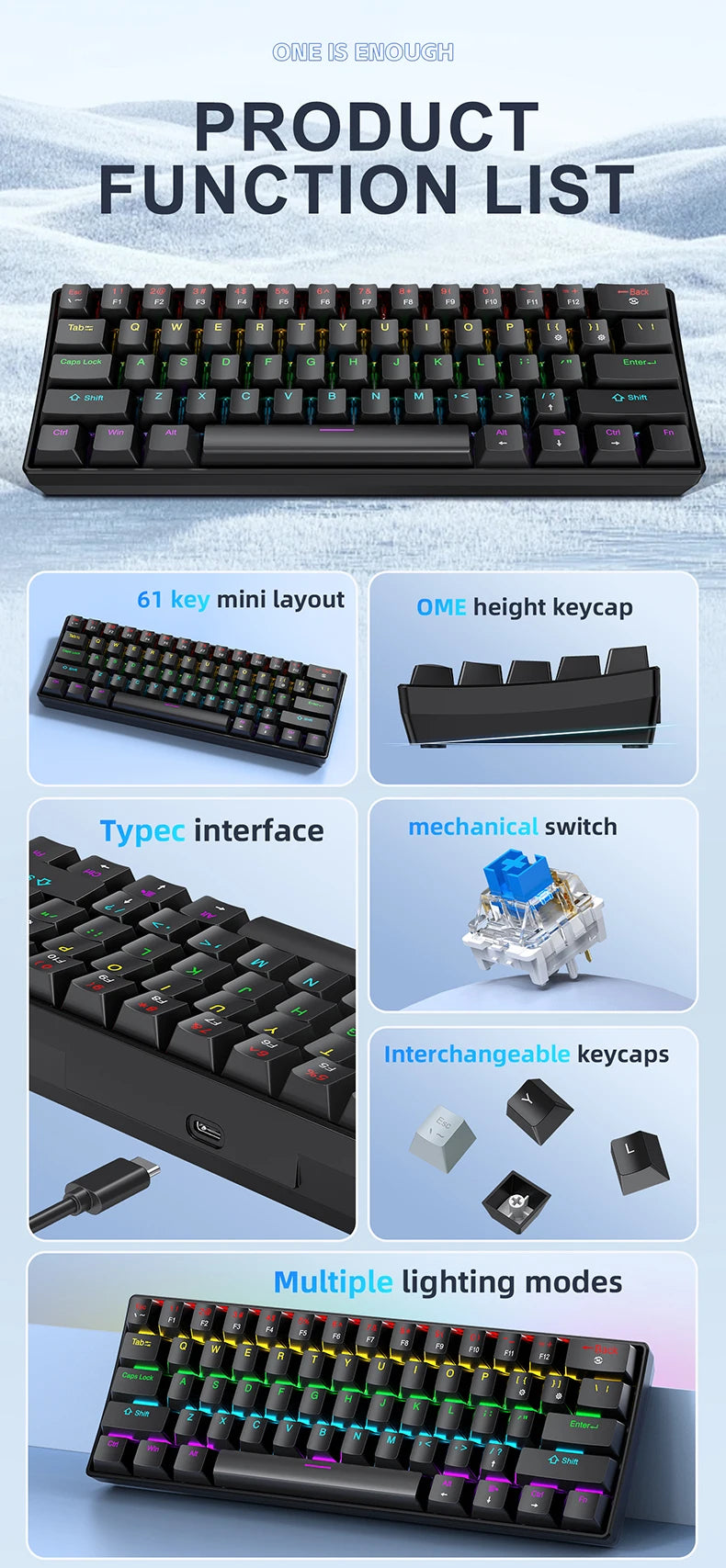 Teclado Mecânico Mini APAYADO K61, Com Fios, 61 Teclas, Phantom RGB, Switch Mecânico Vermelho/Azul Preto/Branco para Gaming, 60% Portátil