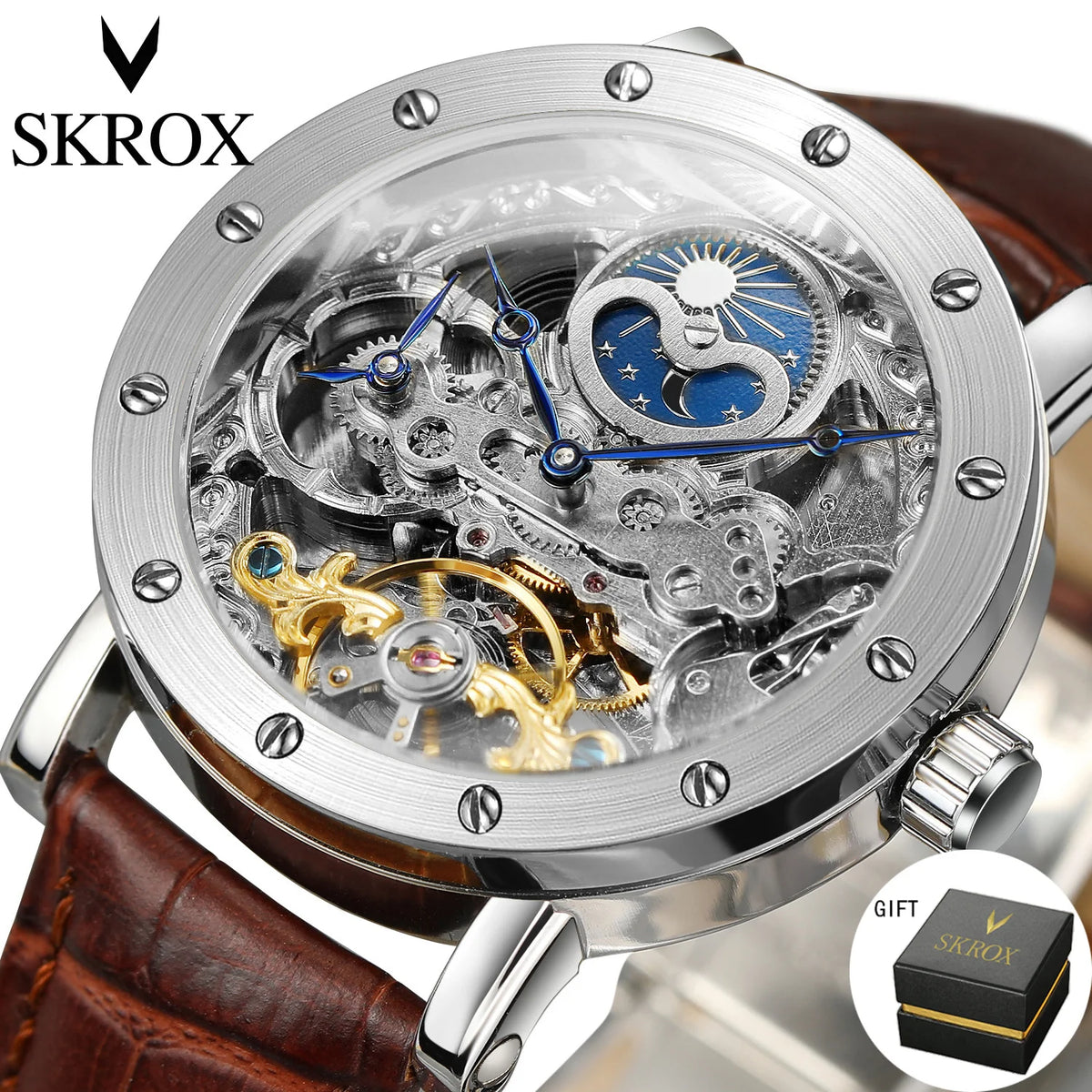 SKROX automatisch mechanisch polshorloge voor heren, skeletmodel met GMT-functie, maanfase en tourbillon – Elegant en origineel luxe horloge uit het topsegment.