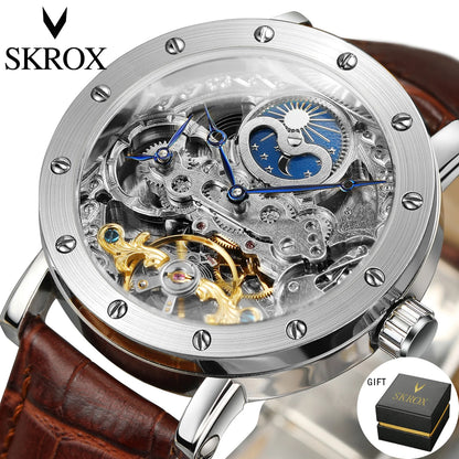 SKROX automatisch mechanisch polshorloge voor heren, skeletmodel met GMT-functie, maanfase en tourbillon – Elegant en origineel luxe horloge uit het topsegment.