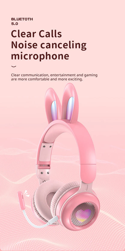 Glow Unicorn Bluetooth Headphones for Kids – LED Bunny Ear Wireless Headphones with Microphone, TF Card Slot, Over-Ear Bluetooth Headset for Gaming, Music & Mobile Devices