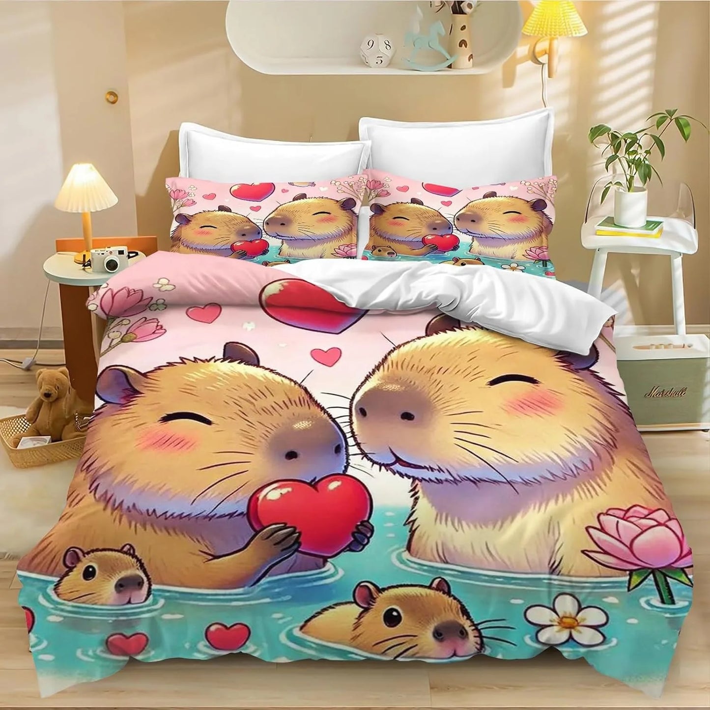 4-teiliges Cartoon-Capybara-Bettwäsche-Set mit Bettbezug und Kissenbezug, Capybara-Bettwäsche für Erwachsene, Jungen und Mädchen, Schlafzimmerdekoration für Kinder, Einzel- und Doppelgröße
