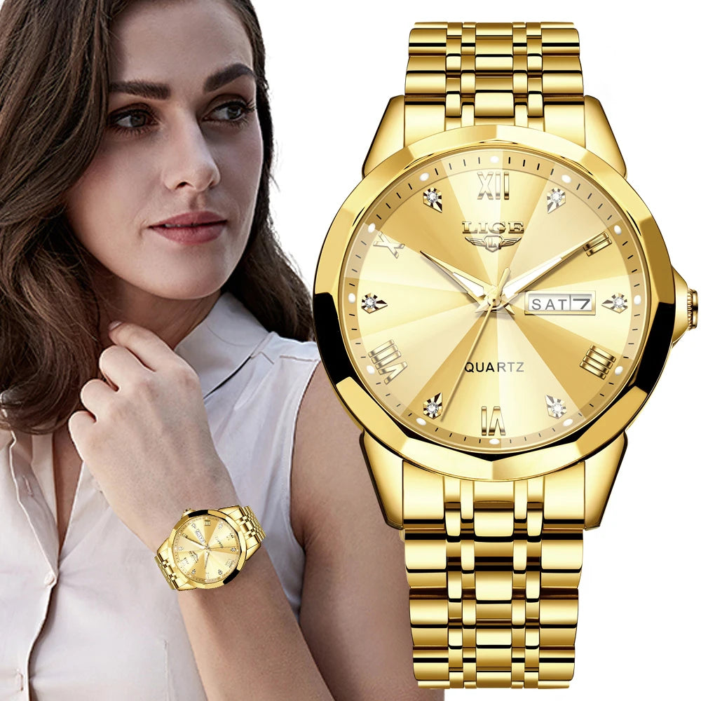 Montre-bracelet à quartz pour femme LIGE – Élégante et luxueuse, affichant la date et le jour de la semaine – Montre simple et étanche, idéale comme cadeau pour femme