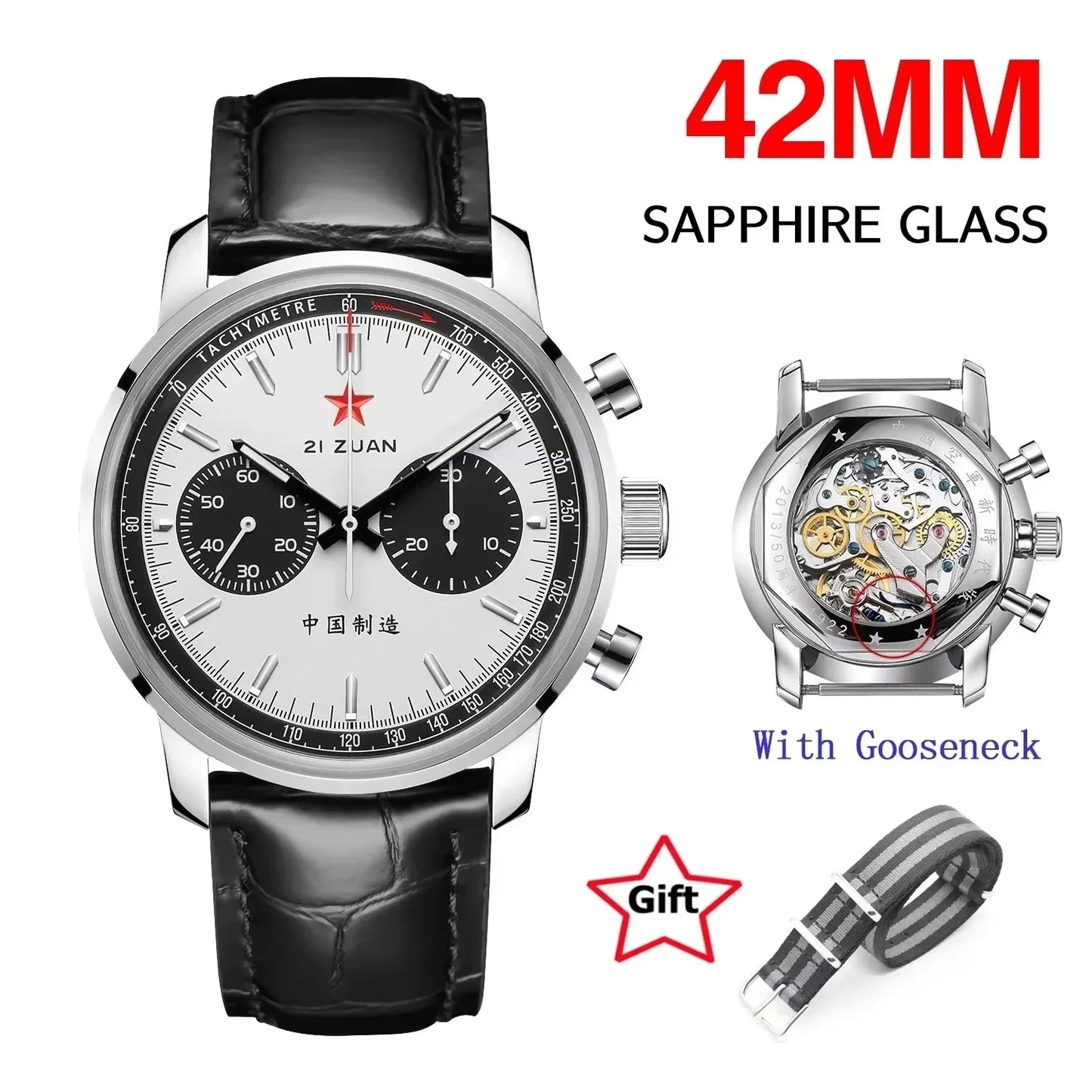 Red Star Panda Men's 1963 Chronograph Mechanical Wristwatch Seagull ST1901 Movement Gooseneck 40mm Luminous Sapphire Pilot Watch