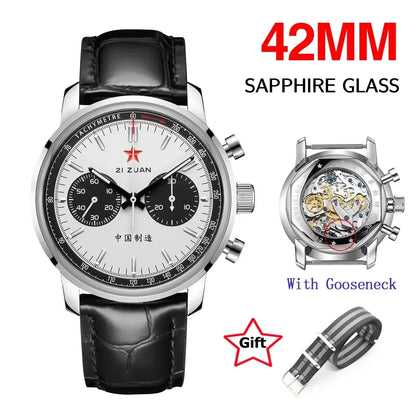 Red Star Panda Men's 1963 Chronograph Mechanical Wristwatch Seagull ST1901 Movement Gooseneck 40mm Luminous Sapphire Pilot Watch