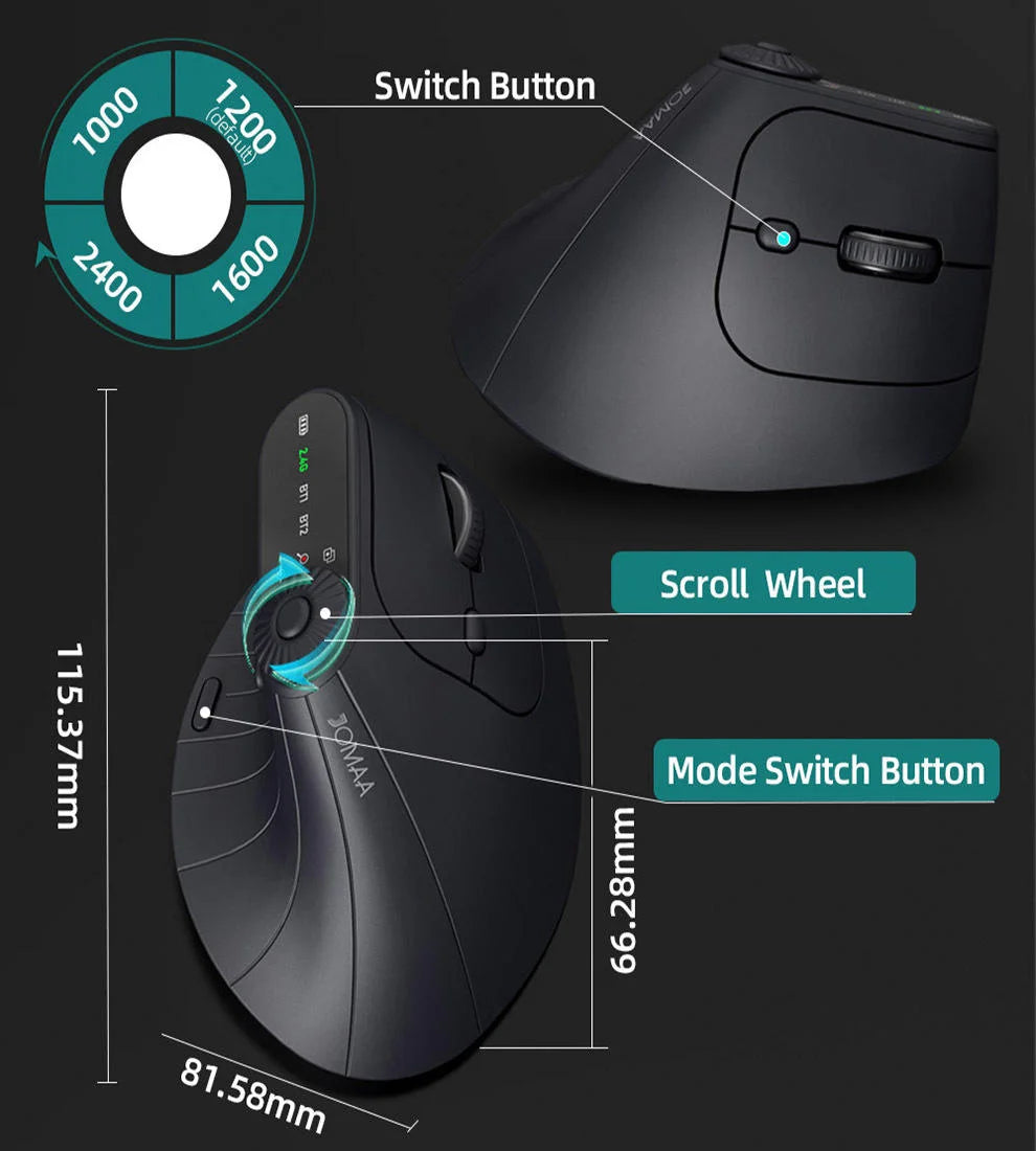 Mouse ergonomico wireless 2.4GHz BT RGB dual mode per laptop, desktop e ufficio, mouse verticale gaming wireless silenzioso