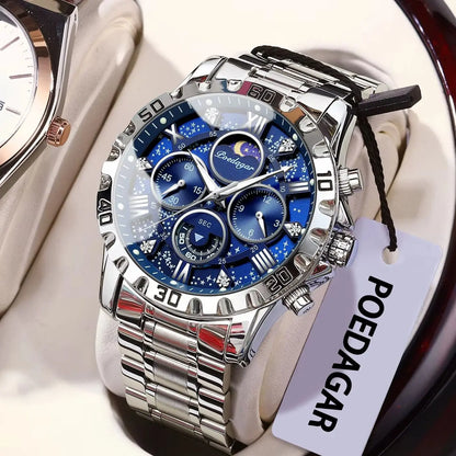 Pánské hodinky POEDAGAR – luxusní chronograf, vodotěsné a luminiscenční, z nerezové oceli, ve sportovním a vojenském stylu, s quartzovým strojkem
