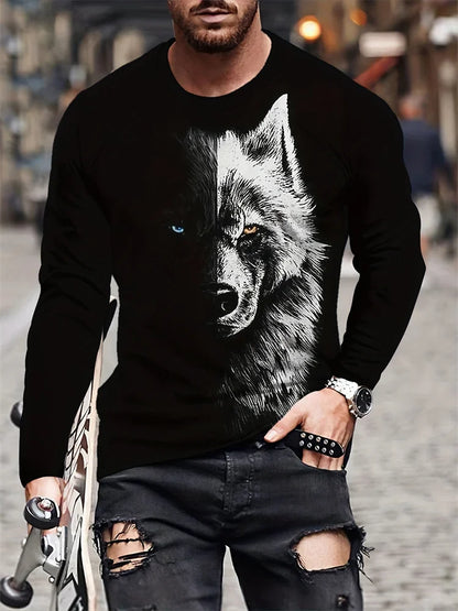 T-shirt de manga comprida para homem com novo estampado de lobo 2024, camisa casual diária de primavera e outono, moda streetwear masculina