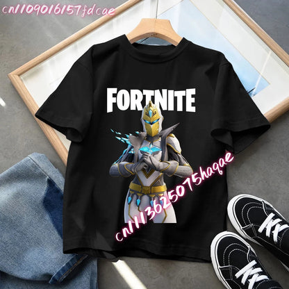 T-shirt preta em algodão para criança Fortnites Fortress Night, manga curta, estilo cartoon, para menino e menina, roupa de verão kawaii, top para oferta