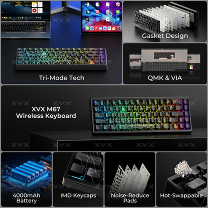 Tastiera XVX Spider Web M67 JadeStone con keycap IMD-Tech, connessione tri-mode, retroilluminazione RGB personalizzata, formato 60%