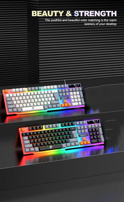 Teclado individual e conjunto teclado + rato RAIKU T26 de três tons com iluminação, teclado e rato com fios, toque mecânico, conjunto gaming