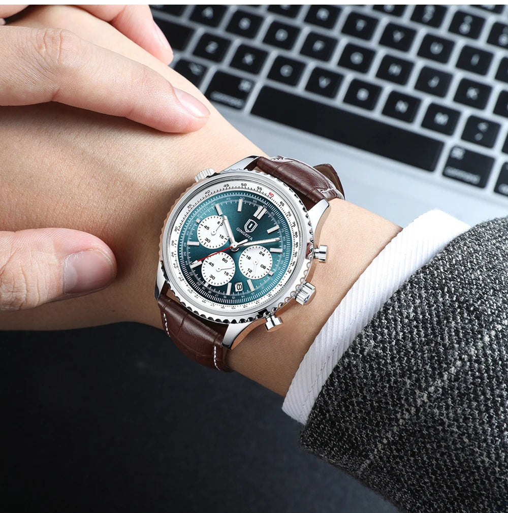 QINGXIYA Luxury Man Watch Quartz Waterproof Luminous Date Chronograph Leather Men Wristwatch Military Sports Men's Watches Reloj