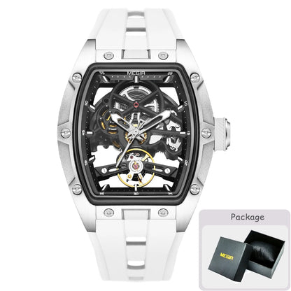 MEGIR men’s mechanical watch, tonneau shape, open-worked skeletonised dial, sporty style, silicone strap, luxury automatic watch