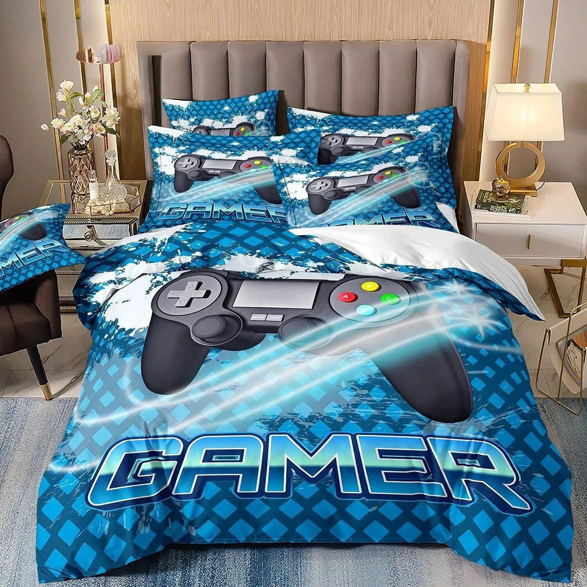 Gamer ágyneműkészletek fiú gyerekeknek: játékos paplanhuzat-készlet (Queen méret), videojátékos paplanhuzat, PlayStation-motívumú ágyneműkészlet tizenéves fiúknak
