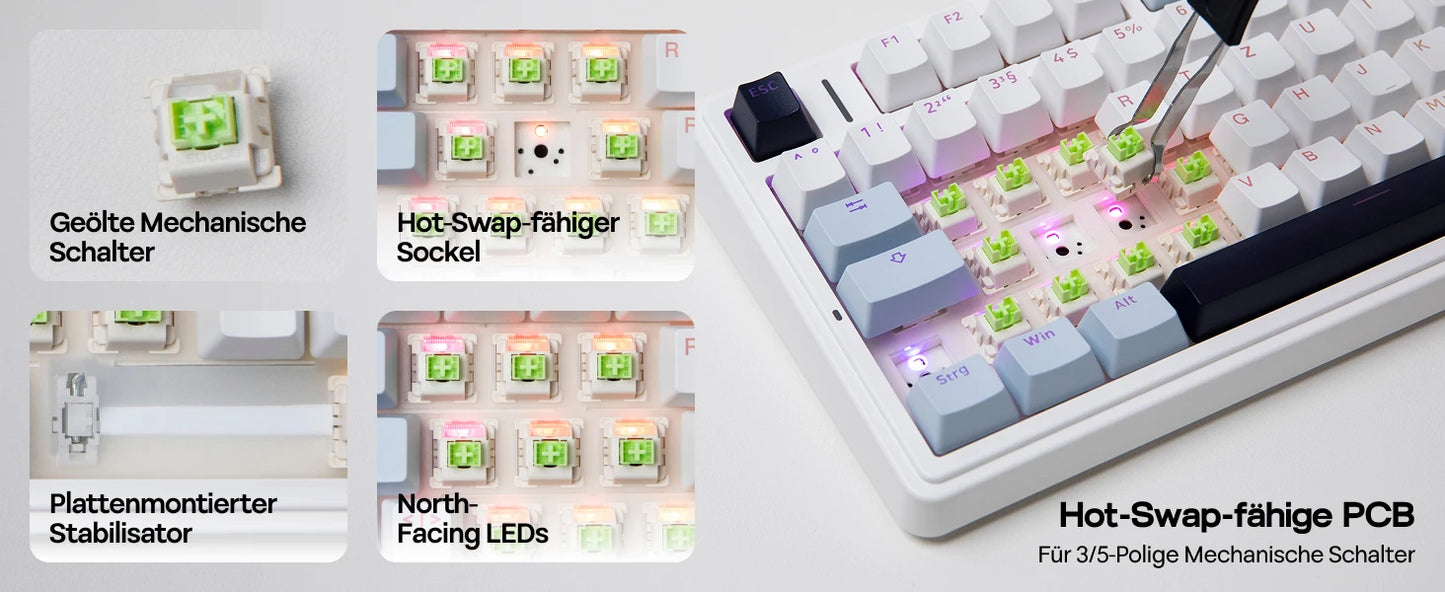 EPOMAKER x AULA F75 ISO-DE kabellose mechanische Tastatur mit Tri-Mode-Konnektivität, deutschem QWERTZ-Layout und 4000 mAh Akku