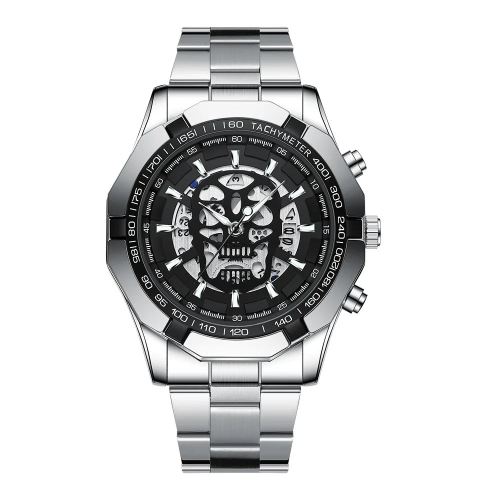 Montre-bracelet BINBOND pour homme, motif crâne squelette, à quartz précis, luxueuse, lumineuse, étanche, avec date automatique, robuste.
