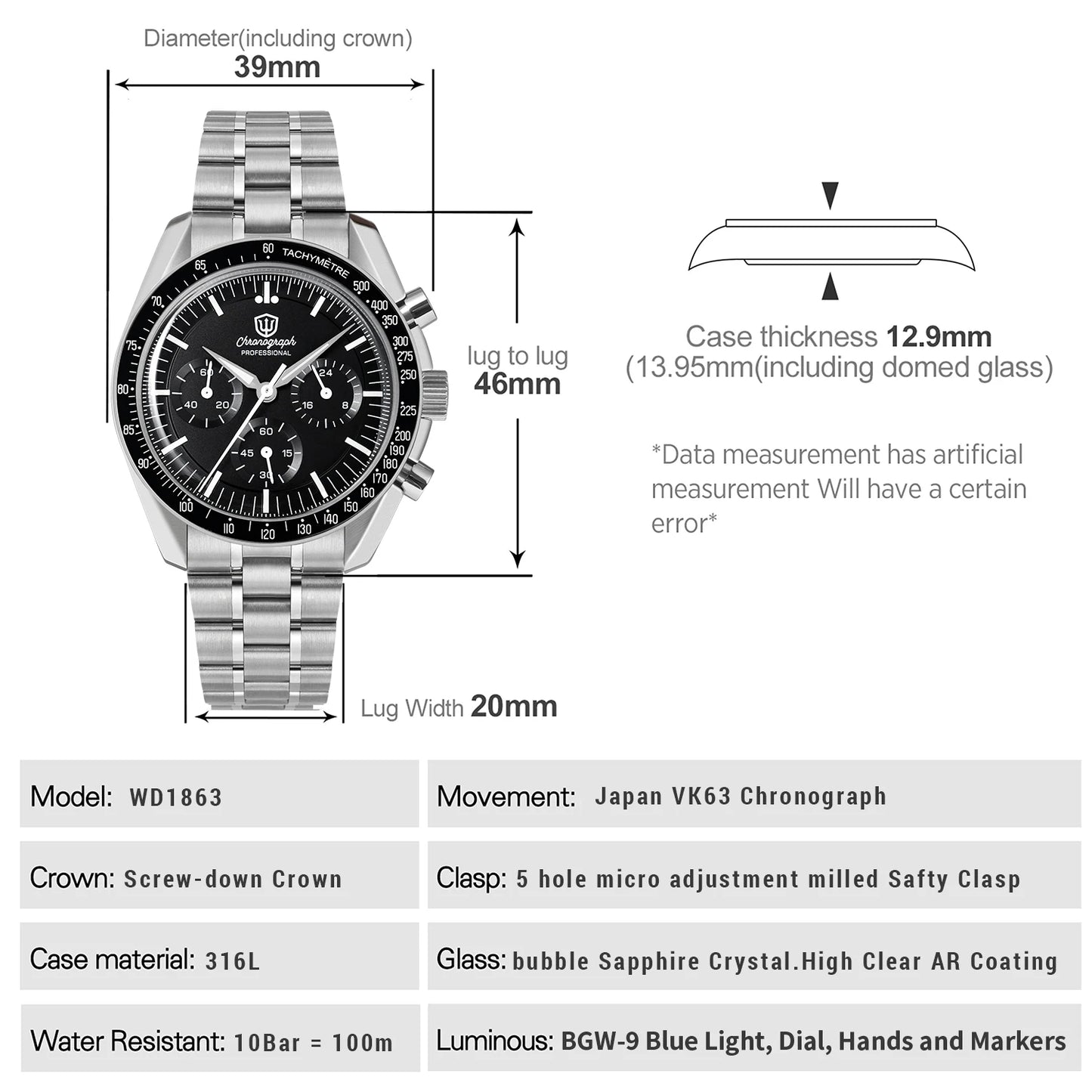 Watchdives New Wd1863 Quarz-Herrenuhr VK63 Chronograph Bubble-Saphirglas Wasserdicht 39Mm Stahl Top-Marke Luxus-Business-Uhr