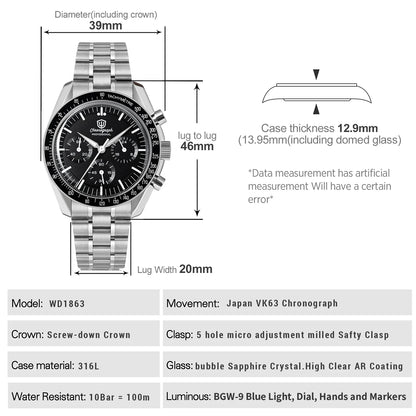 Watchdives New Wd1863 Quarz-Herrenuhr VK63 Chronograph Bubble-Saphirglas Wasserdicht 39Mm Stahl Top-Marke Luxus-Business-Uhr