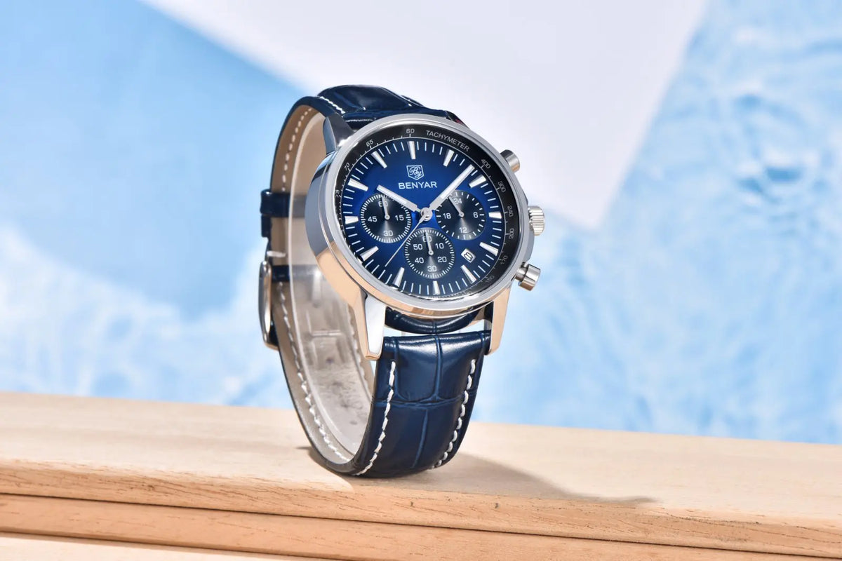 Luxusní pánské hodinky Benyar – chronograf s datem, kožený řemínek, vodotěsné, luminiscenční, sportovní a vojenský styl, quartzové hodinky