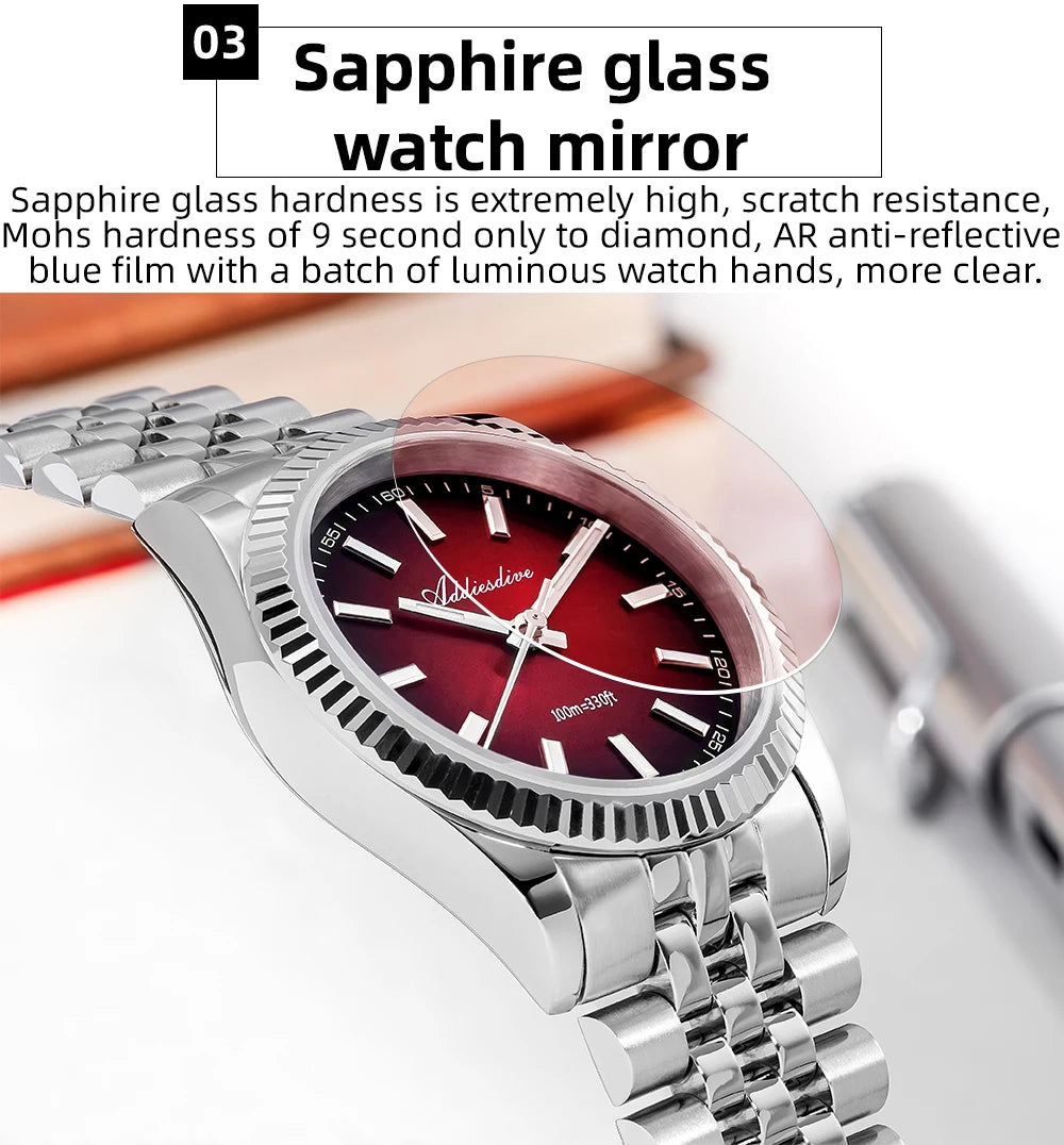 ADDIESDIVE Neue Herrenuhr AD2073, Saphirglas, 36mm, VH31 Sunburst Quarzuhr, 10Bar wasserdichte Taucheruhr, leuchtende Armbanduhr