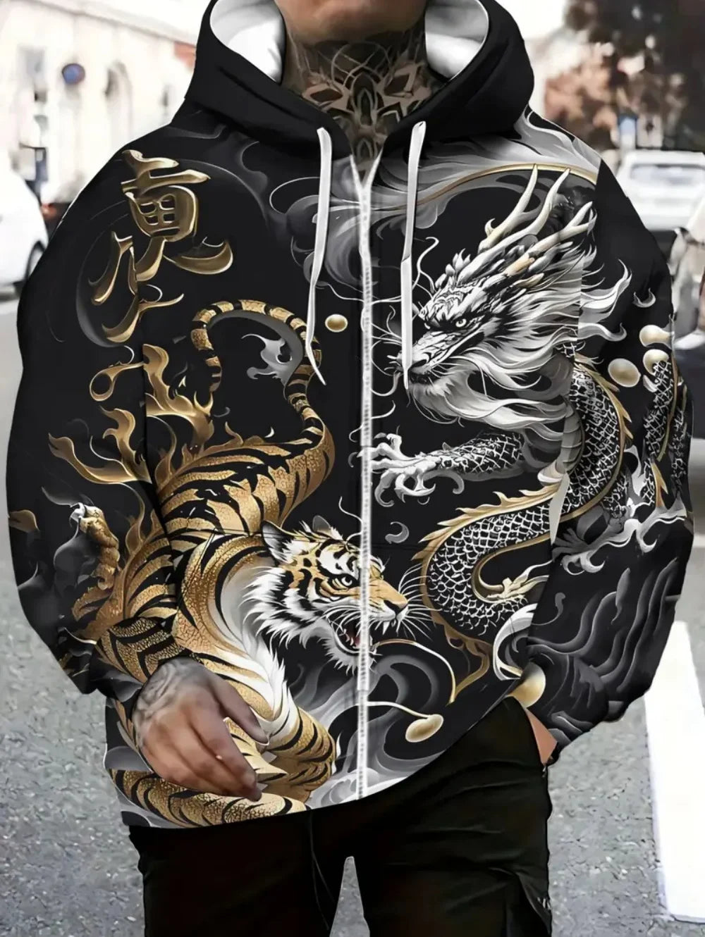 Sweatshirt com capuz e fecho de correr para homem, com estampado de dragão, cordão ajustável, manga comprida, corte oversize, para atividades ao ar livre e viagens, outono/inverno