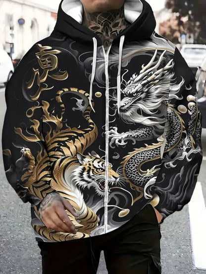 Sweatshirt com capuz e fecho de correr para homem, com estampado de dragão, cordão ajustável, manga comprida, corte oversize, para atividades ao ar livre e viagens, outono/inverno